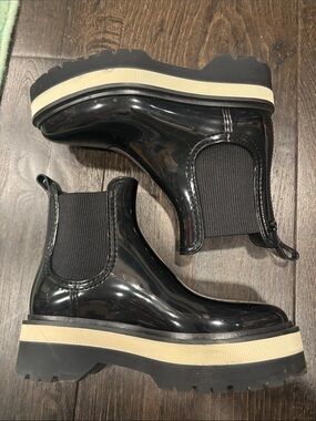 Black Chelsea Rain Boots with Cream Trim